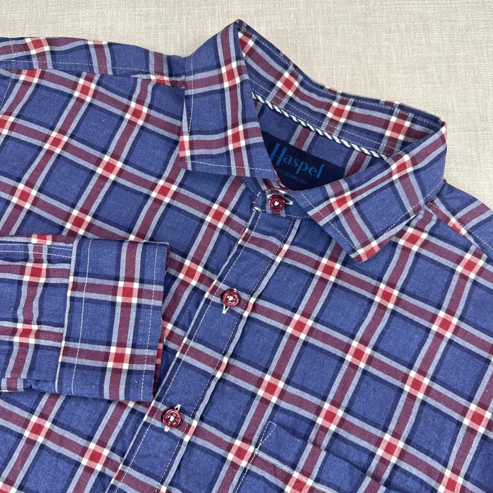 Haspel New Orleans Button Down Shirt Mens Medium Blue‎ Red Plaid LS Cotton EUC